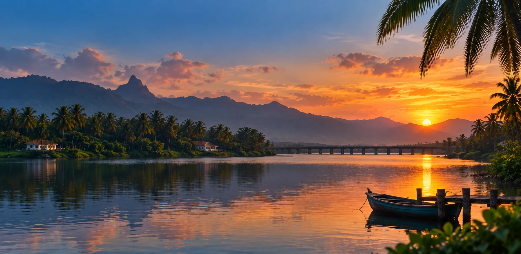 South Indian backwater landscape at sunset