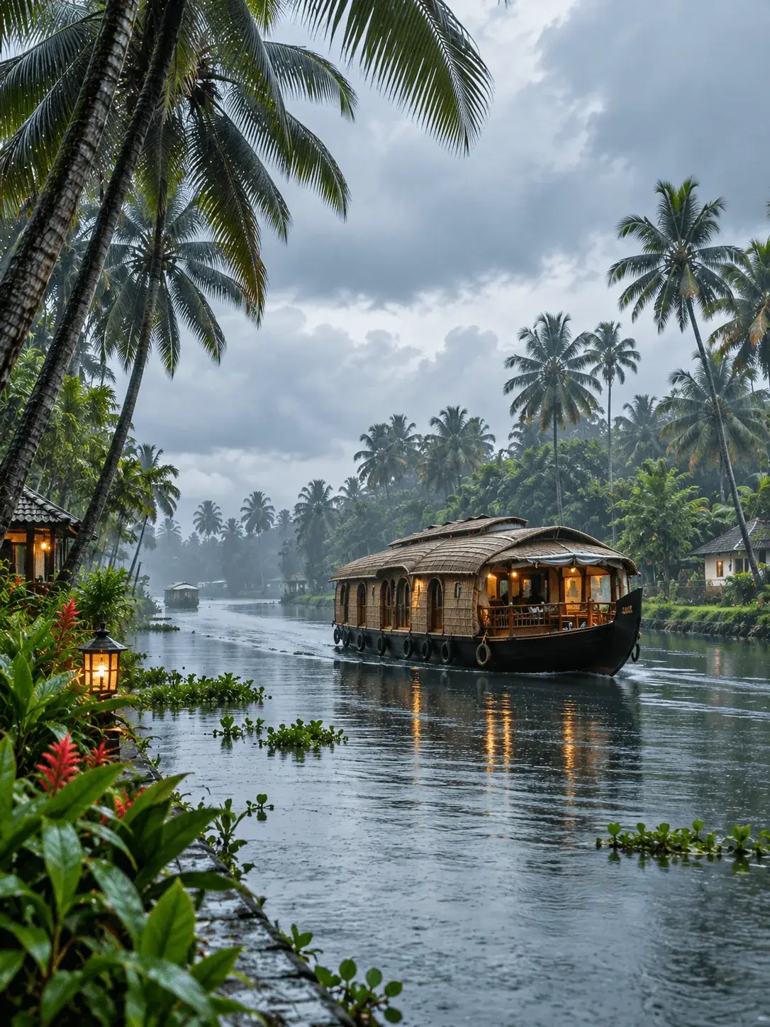 Kerala backwater canal lined with coconut palms