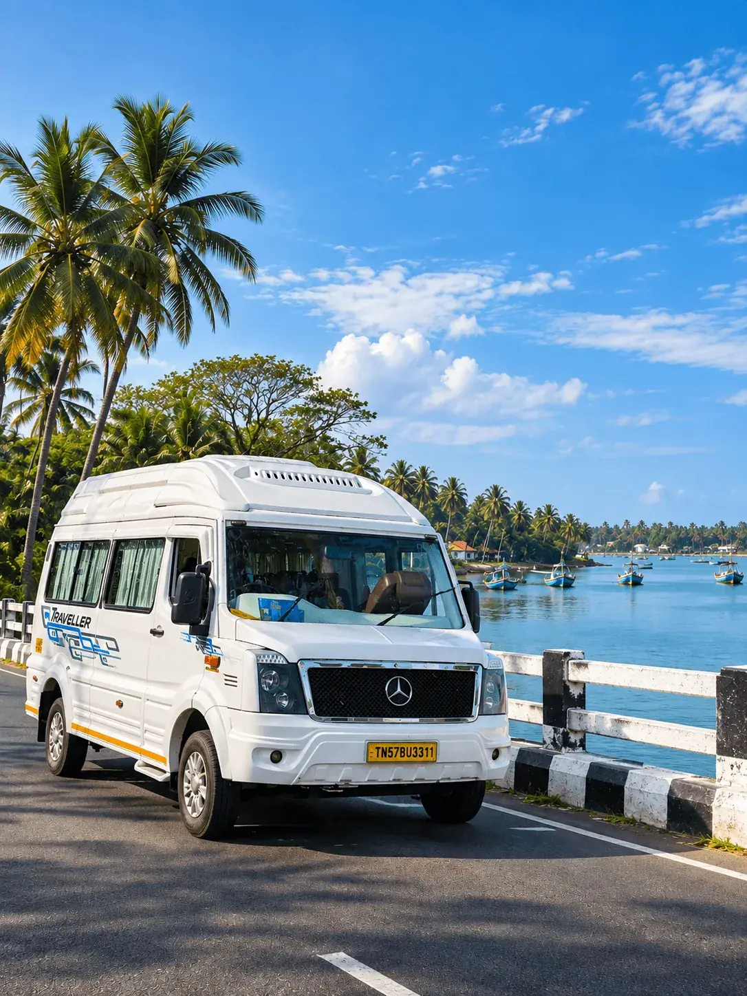 Comfortable tourist vehicle on a scenic South Indian coastal road
